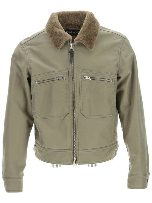 Men's Zipper Pocket Fur Collar Cotton Jacket Khaki - TOM FORD - BALAAN.