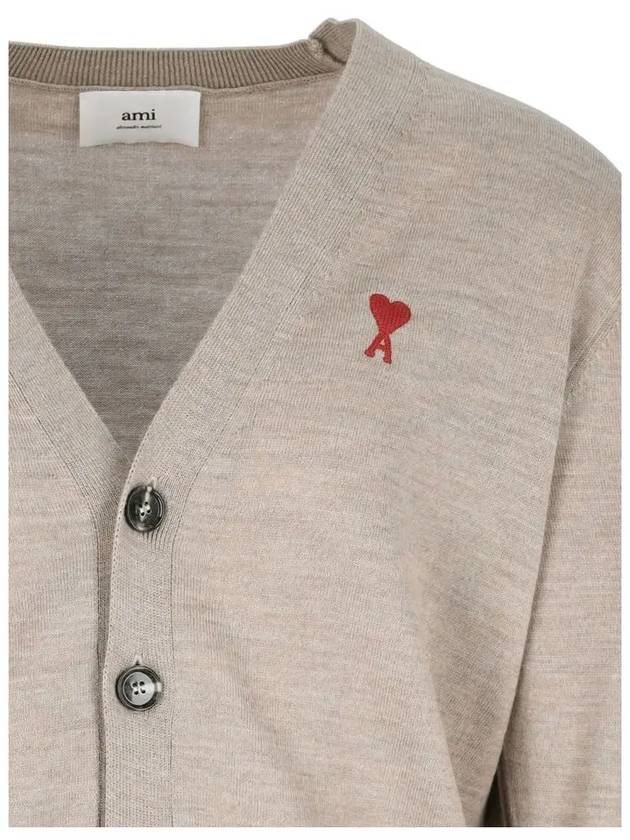 Red Heart Logo Merino Wool Cardigan Beige - AMI - BALAAN 5