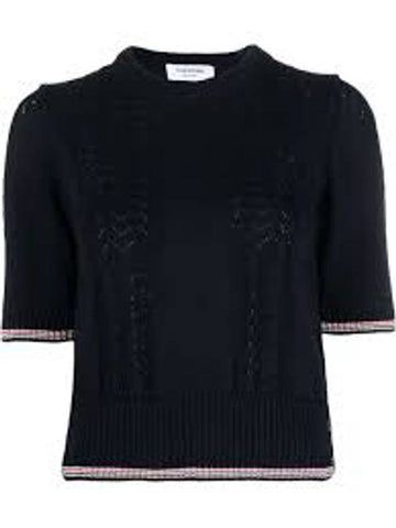 Women's Pointelle Tipping Cotton Knit Top Navy - THOM BROWNE - BALAAN 1