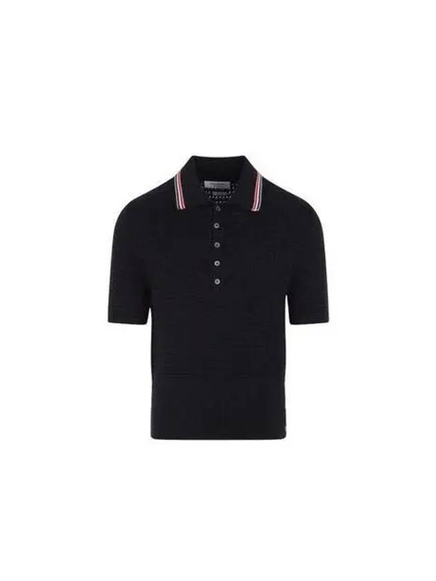 Textured Stitch Cotton Short Sleeve Polo Shirt Navy - THOM BROWNE - BALAAN 3