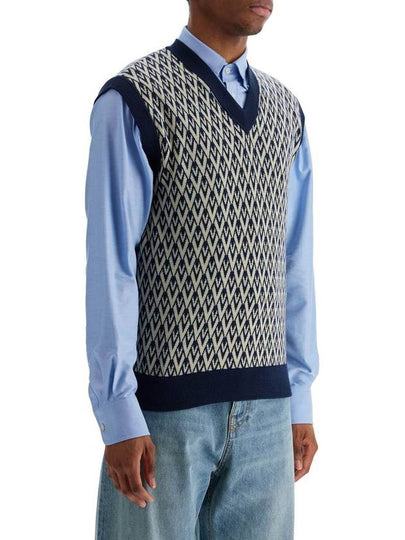 men's navy virgin wool vest with pattern - VALENTINO - BALAAN 2