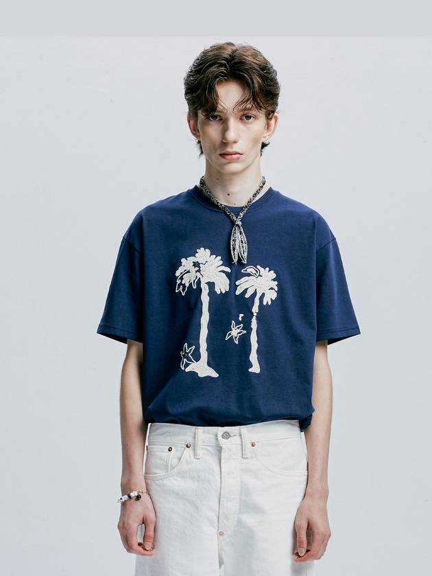 Palm tree eyelet chain embroidery t shirt navy - S SY - BALAAN 4