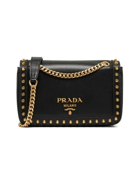 Grace Calf Stud Chain Shoulder Bag Black - PRADA - BALAAN 1