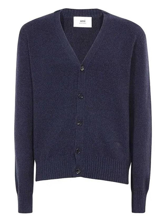 Heart Logo V Neck Cashmere Cardigan Navy - AMI - BALAAN 2