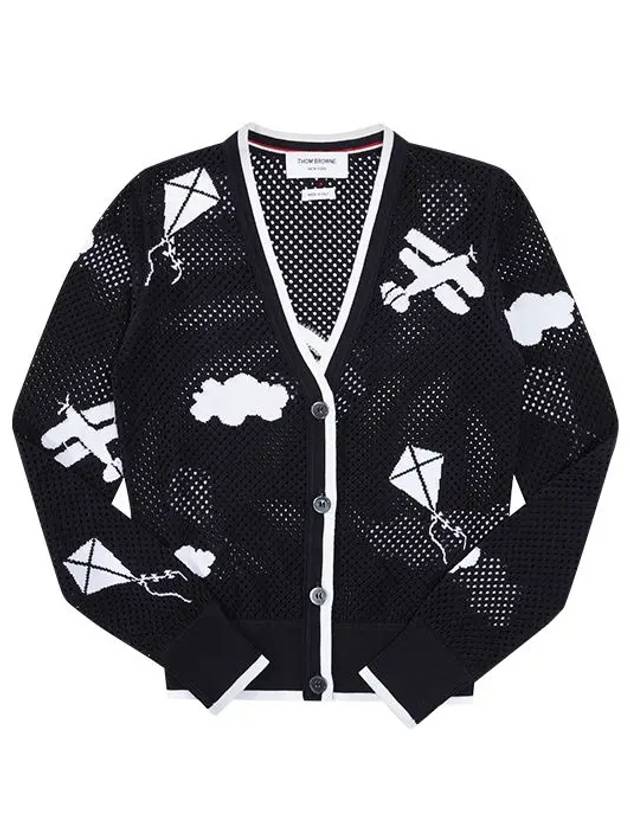 Cotton Mesh Sky Icon V Neck Cardigan Black - THOM BROWNE - BALAAN 2