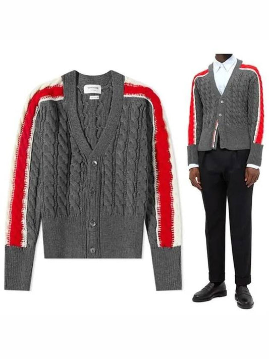 striped crew cable knit cardigan gray - THOM BROWNE - BALAAN.