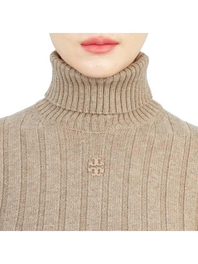 Ribbed Knit Turtleneck Beige Turf Melange - TORY BURCH - BALAAN 7