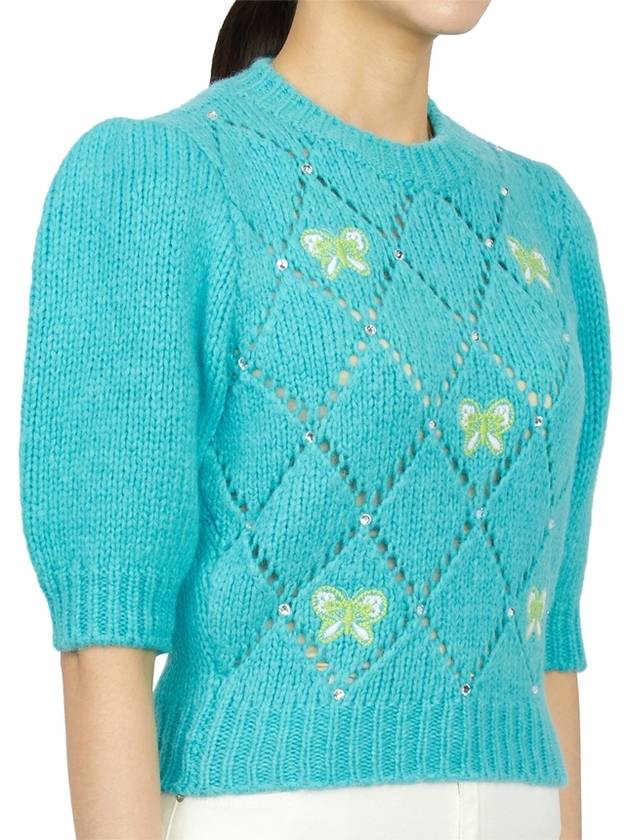 Women's Butterfly Embroidered Knit Top Blue - ALESSANDRA RICH - BALAAN 4