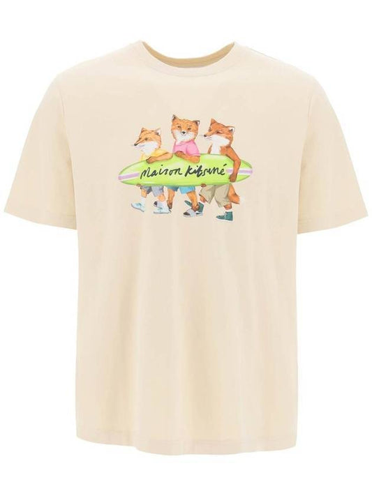 Surfing Foxes Logo Print Short Sleeve T-Shirt Beige - MAISON KITSUNE - BALAAN 1
