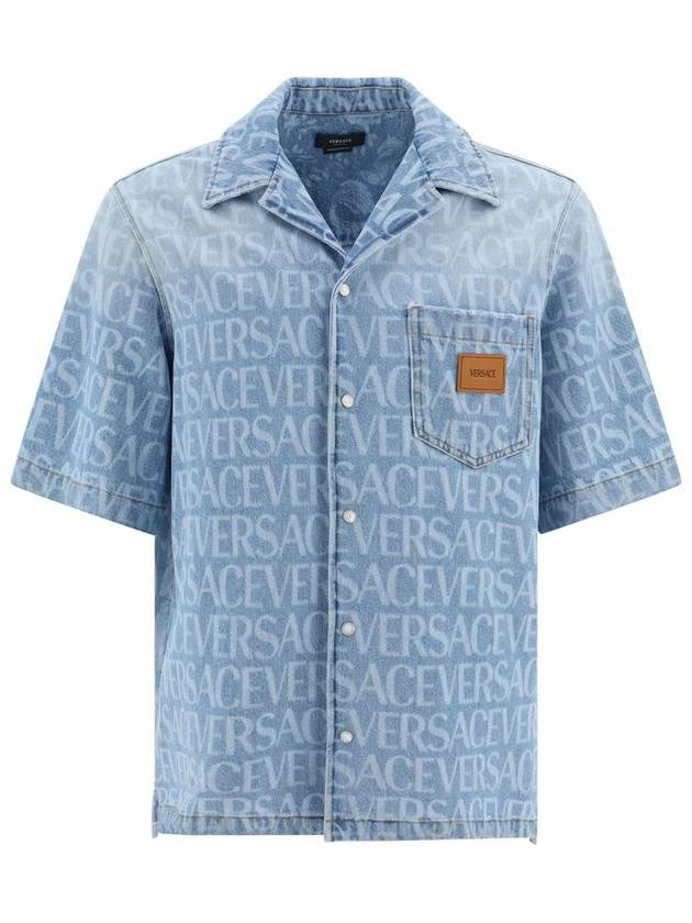 Allover Logo Denim Cotton Short Sleeve Shirt Blue - VERSACE - BALAAN 2