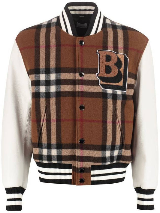 Men's Letter Graphic Check Technical Wool Bomber Jacket Brown - BURBERRY - BALAAN.