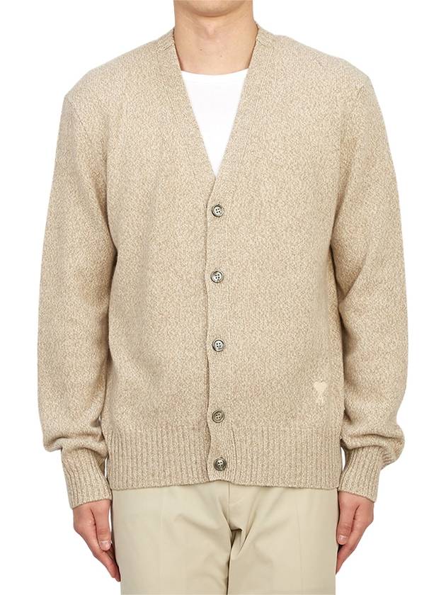 Heart Logo V-Neck Cashmere Cardigan Heather Champagne - AMI - BALAAN 2