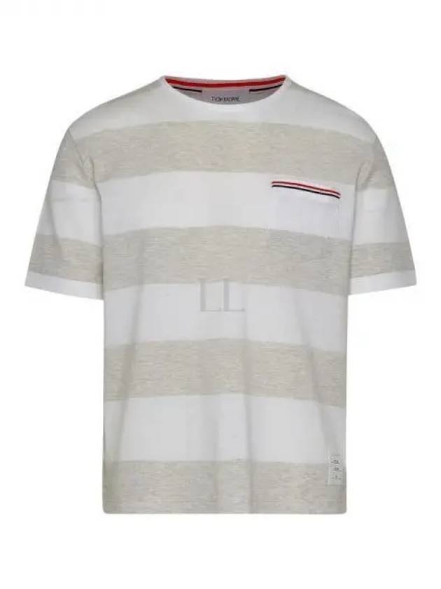 Men's Rugby Striped Pick Pocket Short Sleeve T-Shirt Pale Grey White - THOM BROWNE - BALAAN 2