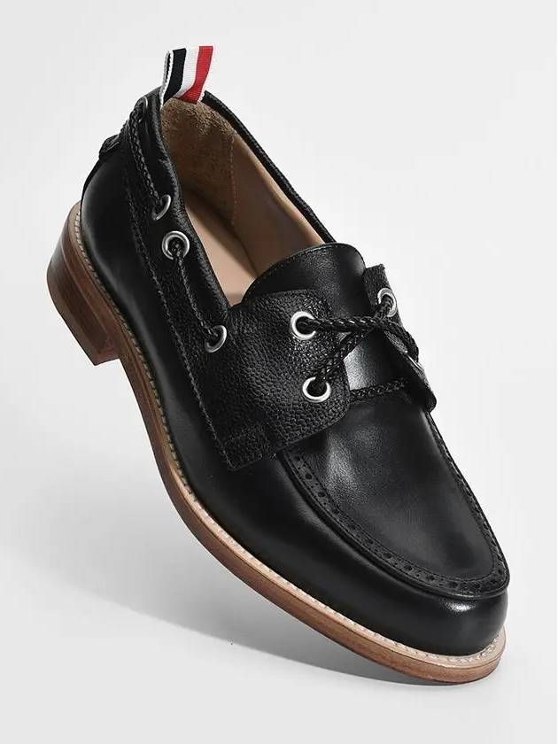 Men's Vitello Calf Leather Boat Shoes Black - THOM BROWNE - BALAAN 4