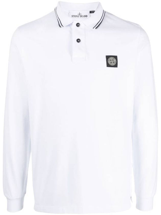 Stretch Qiqué Logo Long Sleeve Polo Shirt White - STONE ISLAND - BALAAN 1