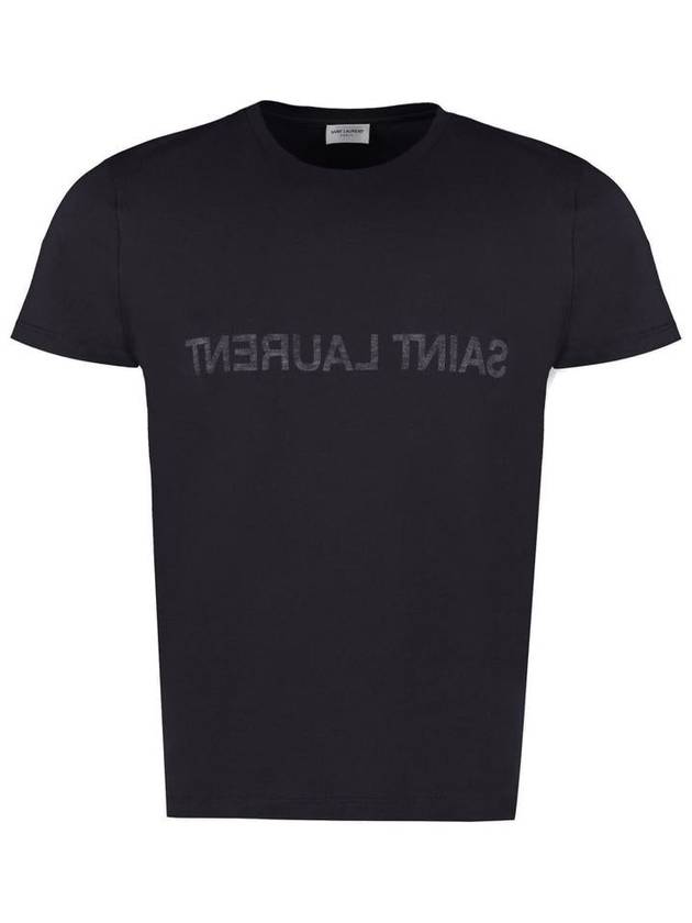 Reverse Logo Print Cotton Short Sleeve T-Shirt Navy - SAINT LAURENT - BALAAN 2