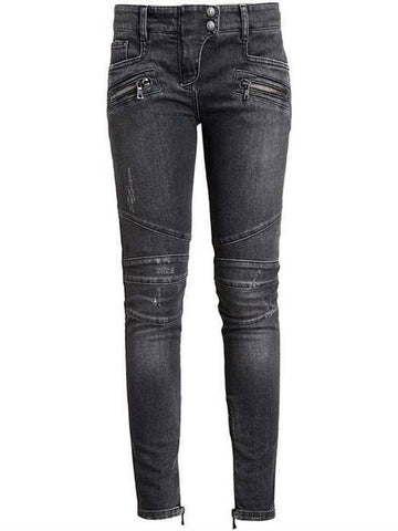 Women's Biker Zipper Detail Skinny Jeans Black - BALMAIN - BALAAN.