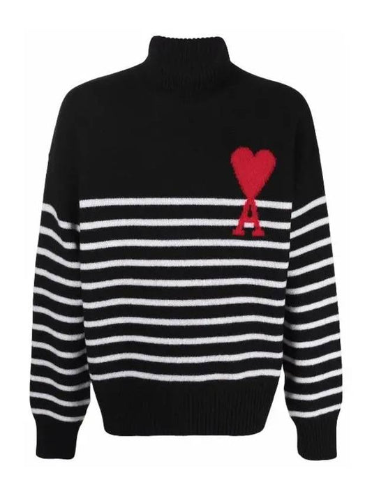 Big Heart Stripe Knit Turtleneck Black - AMI - BALAAN 2