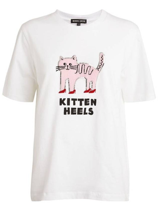 Women's Kitten Cat Sequin White TShirt TEE506 - MARKUS LUPFER - BALAAN 1