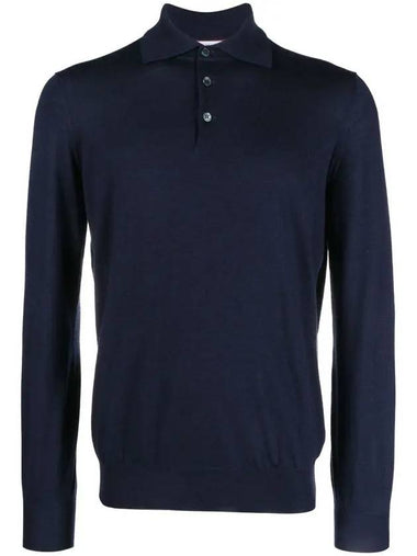 Men's Knit Long Sleeve Polo Shirt Dark Blue - BRUNELLO CUCINELLI - BALAAN 1