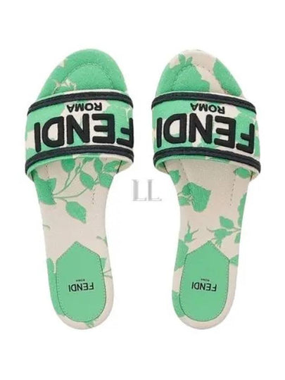 Rose Print Embroidered Logo Canvas Slide Slippers Green - FENDI - BALAAN 2