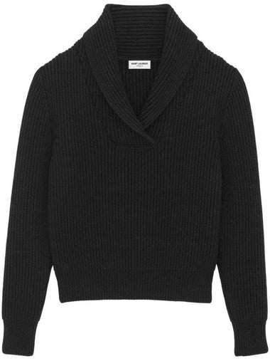 Shawl Collar Wool Knit Top Black - SAINT LAURENT - BALAAN 1