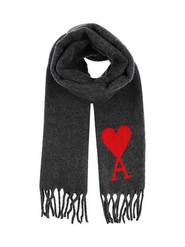 Heart Logo Oversized Wool Fringe Scarf Dark Gray - AMI - BALAAN.