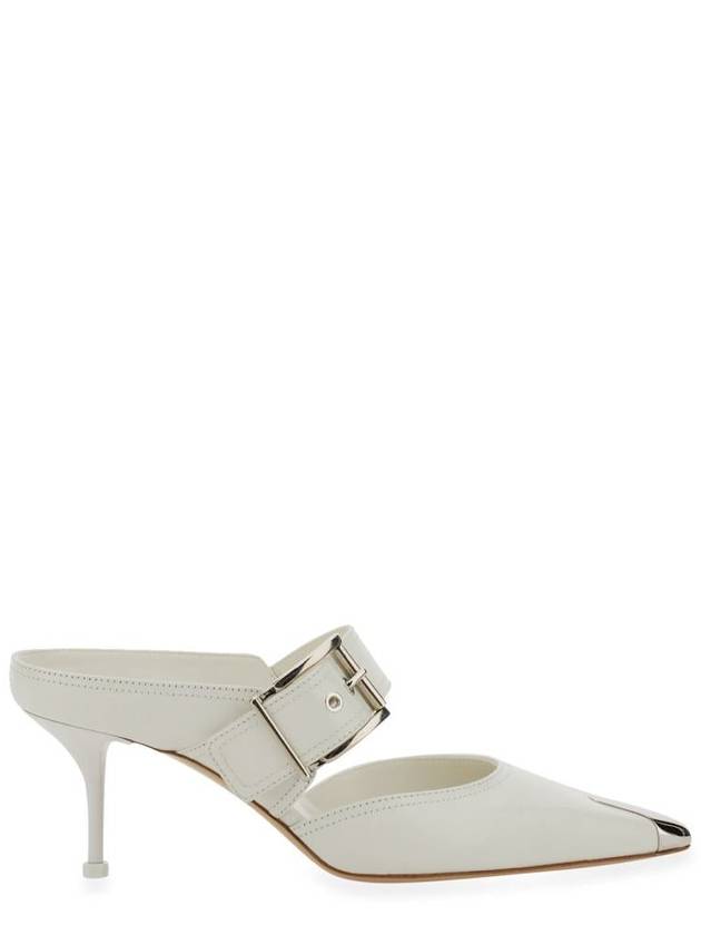 Silver Buckle Leather Mule Sandals Heel White - ALEXANDER MCQUEEN - BALAAN 2