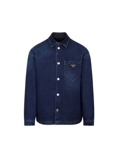 Triangle Logo Padded Denim Long Sleeve Shirt Navy - PRADA - BALAAN 1