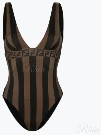 Striped V neck one piece swimsuit brown - FENDI - BALAAN 2