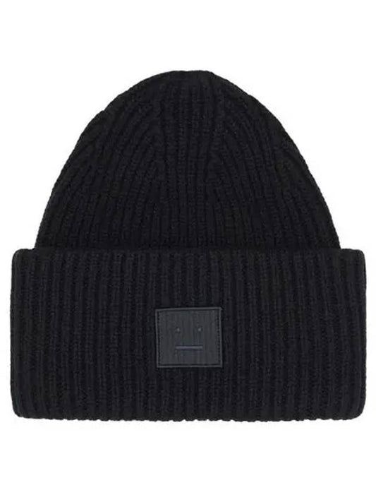 Face Patch Ribbed Wool Beanie Black - ACNE STUDIOS - BALAAN 2