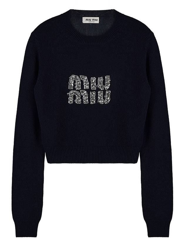 Women's Logo Cashmere Knit Top Blue - MIU MIU - BALAAN.