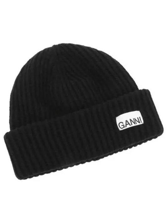 Logo Patch Knit Beanie Black - GANNI - BALAAN 2