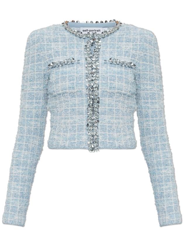 Self Portrait Tweed Blazer With Shimmering Appliqués, Women's, Light Blue - SELF PORTRAIT - BALAAN 1