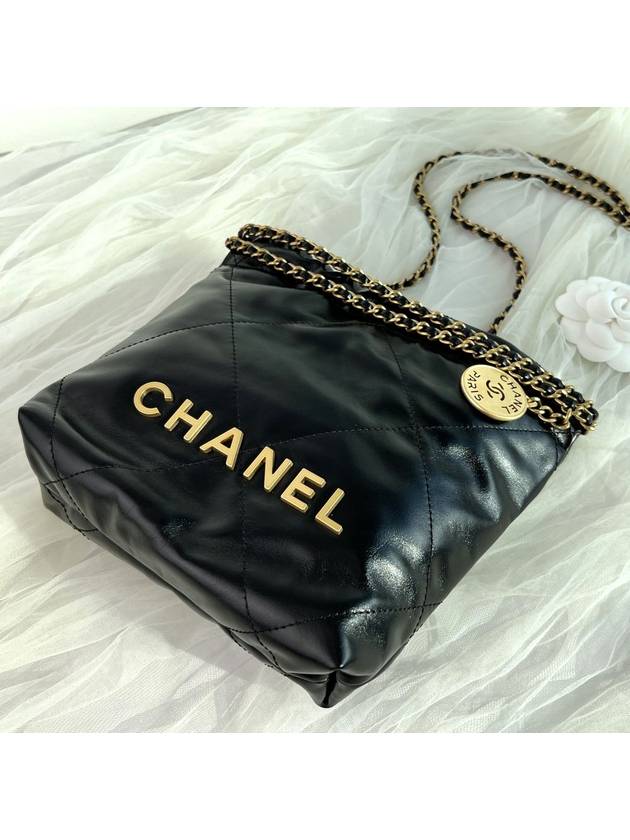 22 Gold Logo Shiny Calfskin Mini Shoulder Bag Black - CHANEL - BALAAN 5