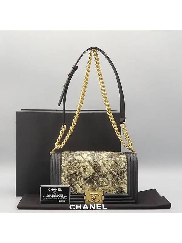 A67086 Black Gold Metallic Goatskin Boy M Size Logo Chain Flap Shoulder Bag - CHANEL - BALAAN 1