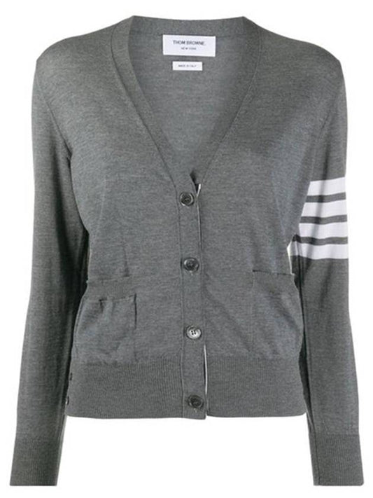 Sustainable Fine Merino Wool 4-Bar Relaxed Fit V-Neck Cardigan Medium Grey - THOM BROWNE - BALAAN 2