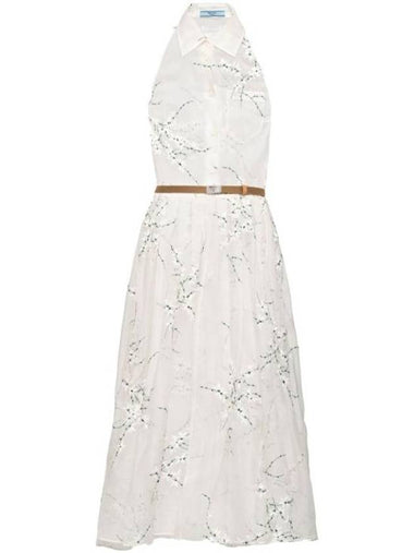 Floral Embroidered Silk Midi Dress White - PRADA - BALAAN 1