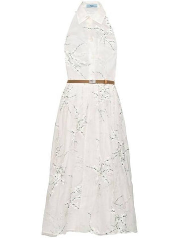 Floral Embroidered Silk Midi Dress White - PRADA - BALAAN 1