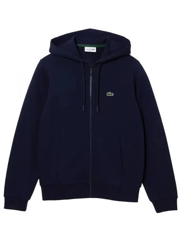 Embroidery Logo Kangaroo Pocket Fleece Zip Up Hoodie Navy - LACOSTE - BALAAN 2