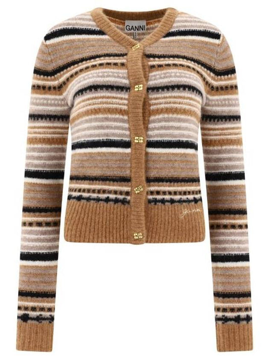 Striped Soft Wool Knit Cardigan Brown - GANNI - BALAAN 1