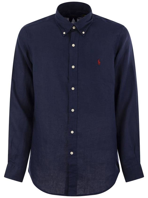 Men's Pony Embroidery Linen Oxford Long Sleeve Shirt Blue - POLO RALPH LAUREN - BALAAN 2