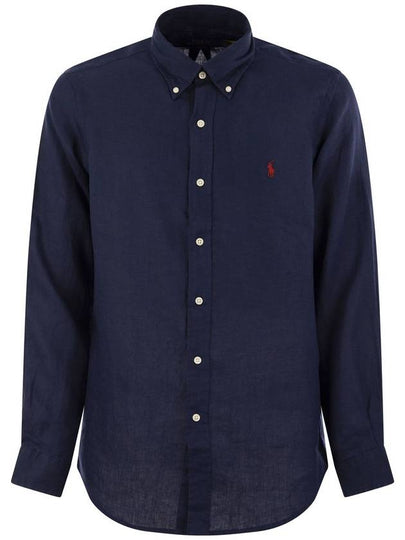 Men's Pony Embroidery Linen Oxford Long Sleeve Shirt Blue - POLO RALPH LAUREN - BALAAN 2