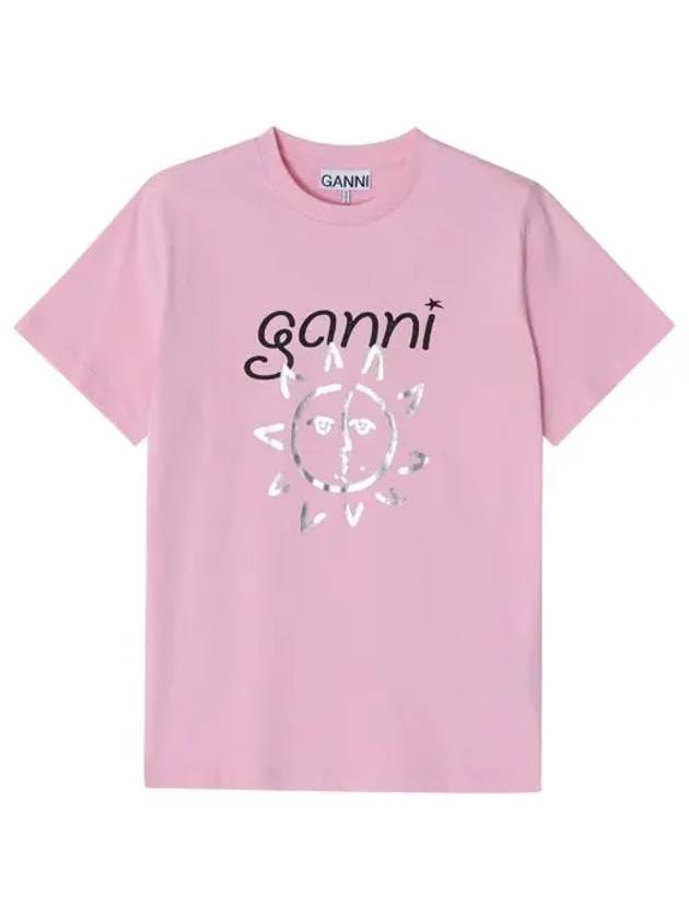 Logo Print Organic Cotton Short Sleeve T-Shirt Pink - GANNI - BALAAN 3