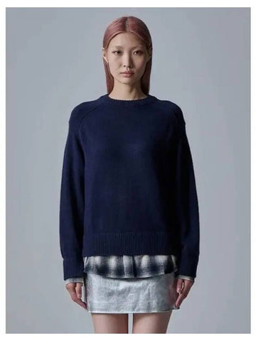 Cuff hem check color combination round neck pullover knit navy domestic product GM0024071525938 - JUUN.J - BALAAN 1