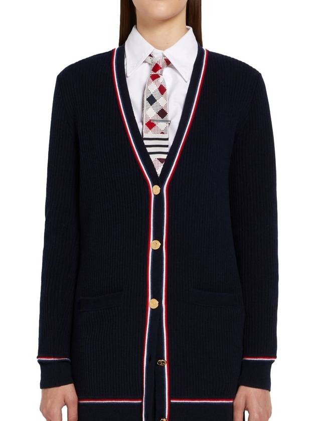 Three Stripe Trim Ribbed Cashmere V Neck Cardigan Navy - THOM BROWNE - BALAAN 2