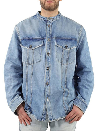 Men's Washed Band Collar Denim Long Sleeve Shirt Blue - BALMAIN - BALAAN 2