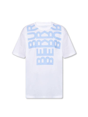 Women's Logo Print Cotton Oversized Short Sleeve T-Shirt White Blue - BURBERRY - BALAAN.