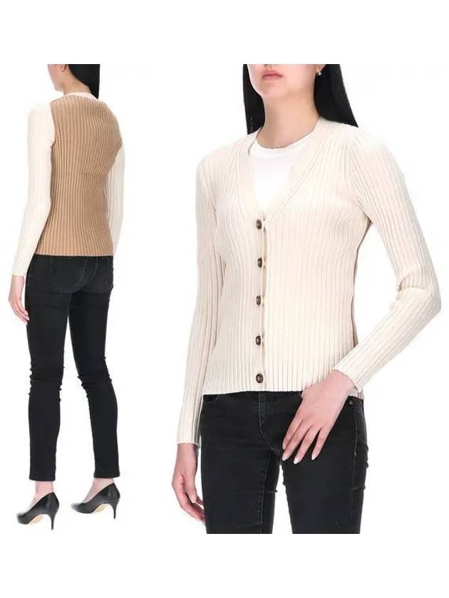 Women's Color Block Ribbed Wool V-Neck Cardigan Beige - TORY BURCH - BALAAN 2