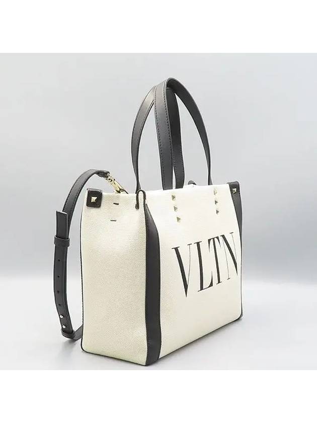 UW2B0H19FWB White canvas leather trimming Garavani Rockstud decoration logo print shopper tote bag shoulder strap 2WAY - VALENTINO - BALAAN 3